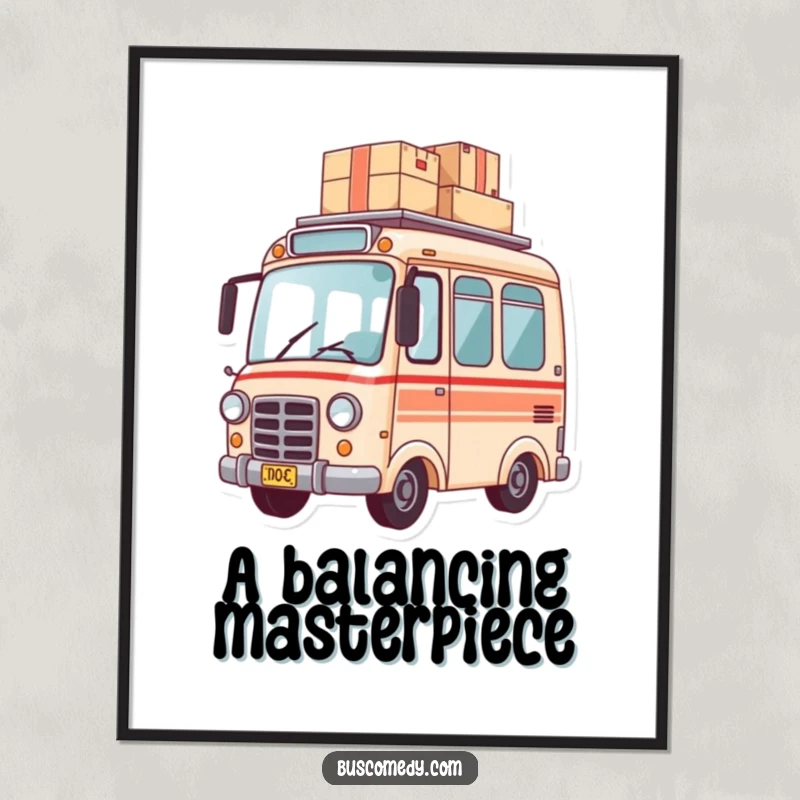 Funny digital art print of a small bus balancing a tall stack of packages on its roof, ready for delivery.