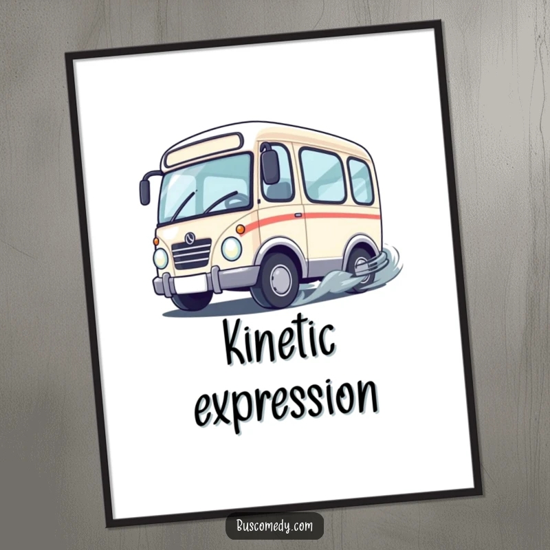 Funny cute bus character with wheels spinning rapidly as it performs a playful drift, available as a high-resolution digital art print.