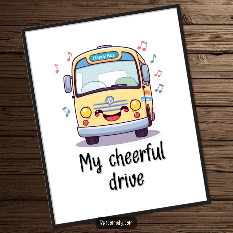 Funny digital art print of a happy bus surrounded by musical notes, perfect for joyful decor and celebrating music, a downloadable funny gift.