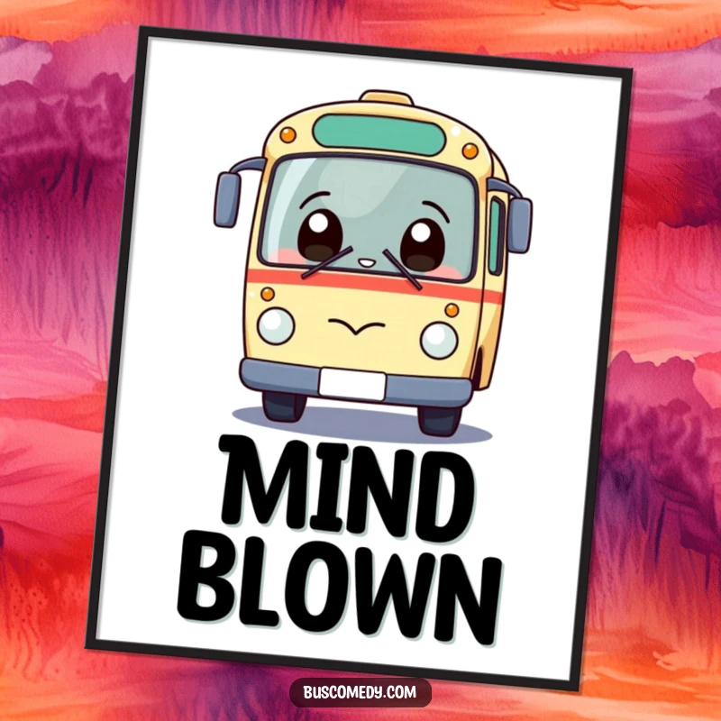 Funny Kawaii Bus Digital Art Print of a giggling bus character with a surprised expression, adding charm to any wall.