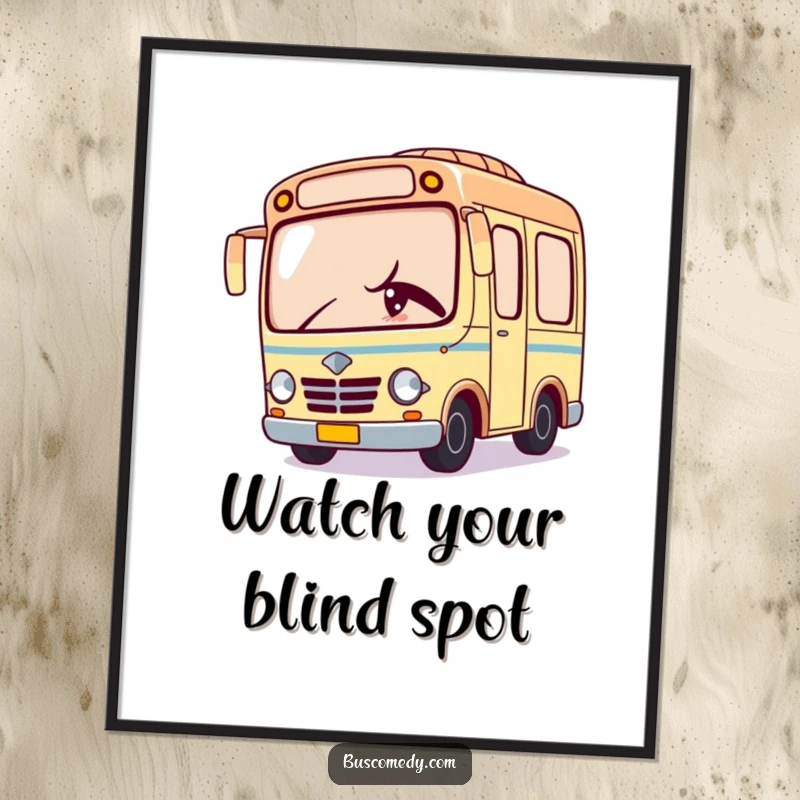 Funny digital art print of a Kawaii bus character peeking around a corner and giving a mischievous wink.