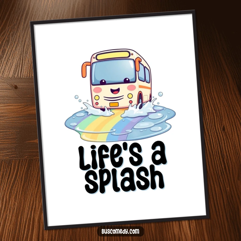 Funny kawaii bus digital art print, character playfully splashing through a vibrant rainbow puddle, instant download, colorful and joyful.