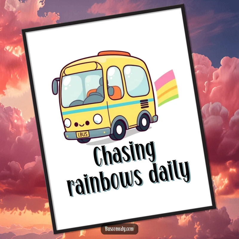 Funny Kawaii Bus Digital Art Print: A vibrant, happy kawaii bus character joyfully driving across a colorful rainbow.