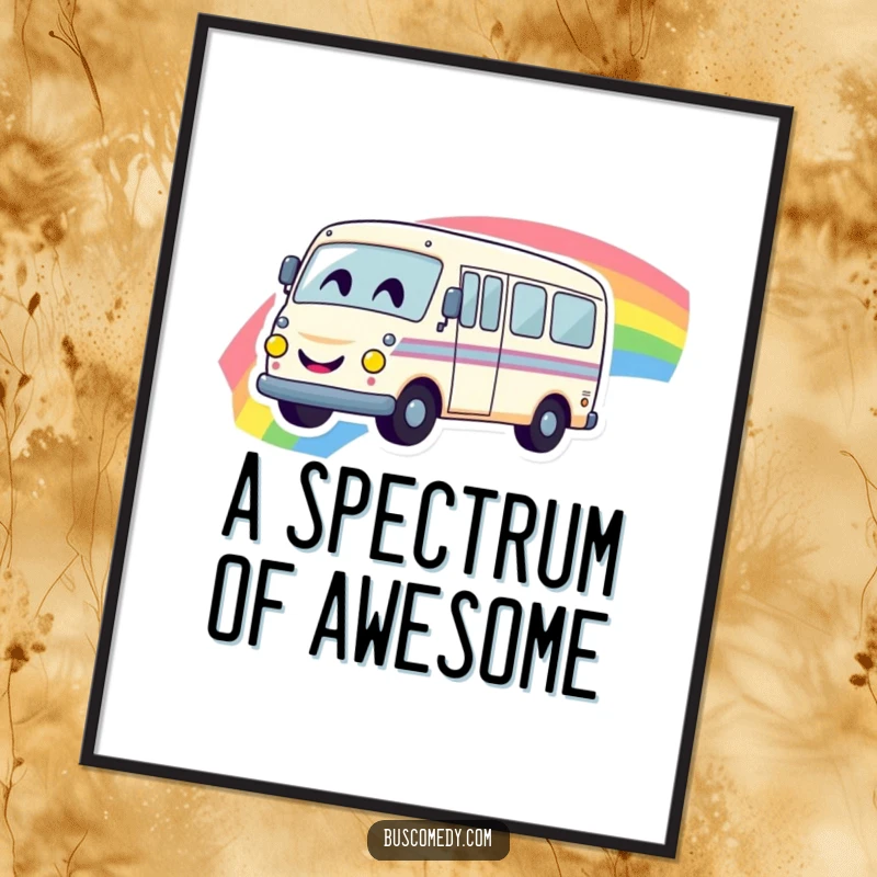 Funny digital art print of a smiling bus driving joyfully across a bright rainbow, radiating happiness and cheer.