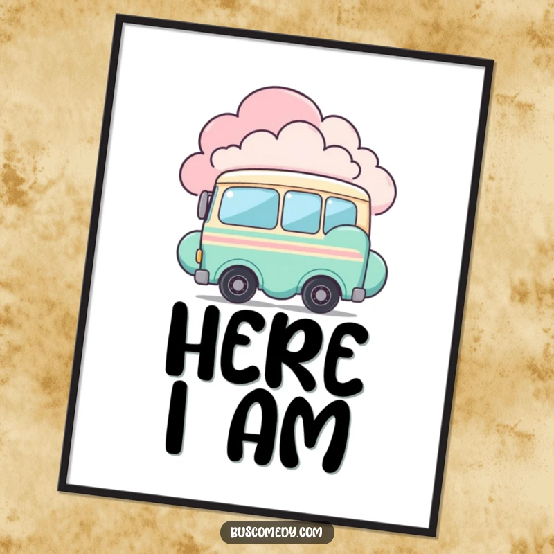 Funny digital art print of a shy bus character peeking from behind a colorful cloud. This artwork is charming and subtly amusing.
