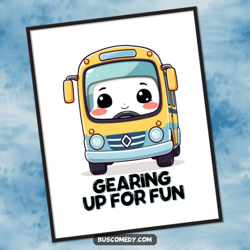 Funny Kawaii Bus Digital Art Print with a huge smile, driving a miniature race car, conveying playful speed and energy.
