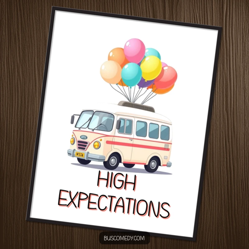 Funny Kawaii Bus Balloon Digital Art Print of a cute bus character balancing colorful balloons on its roof, whimsical and cheerful.
