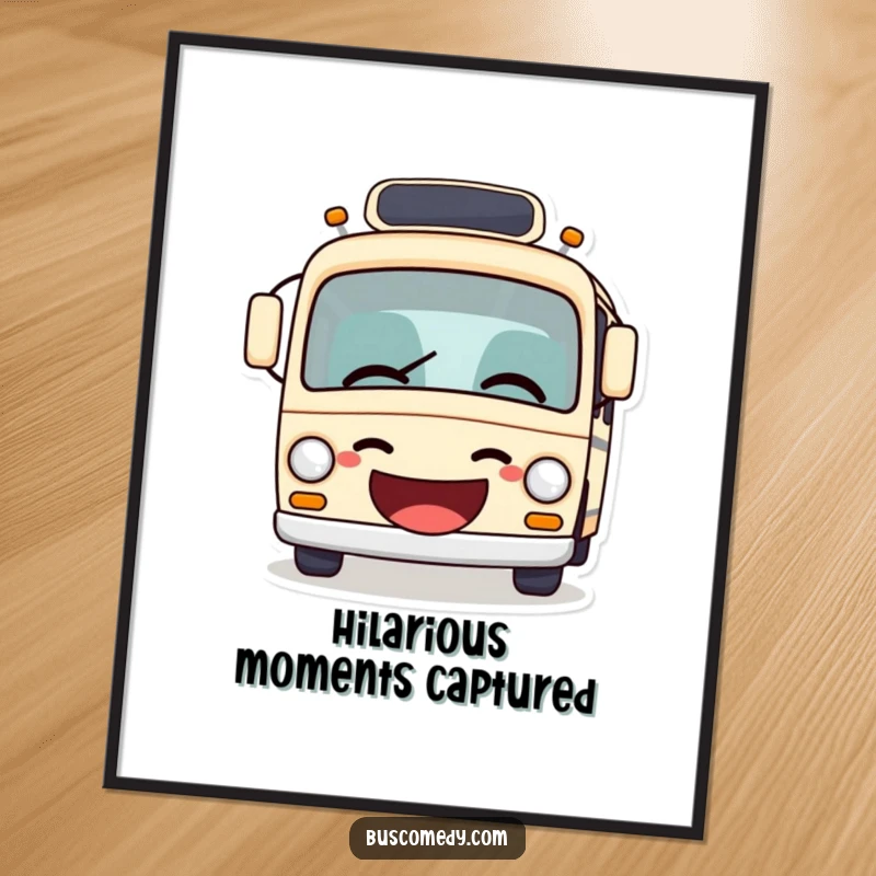 Funny bus digital art print, a bus with mouth wide open giggling, humorously telling a joke, vibrant and joyful.