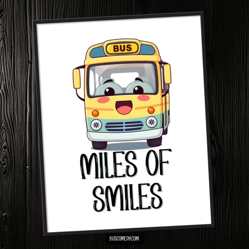 Funny digital art print of a Kawaii bus character with a huge smile, offering a visually delightful and happy experience.