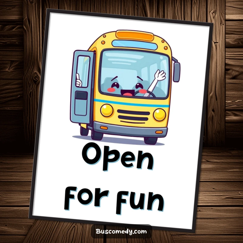 Funny digital art print of an excited bus character with its door open wide, waving to welcome passengers, bringing cheerful automotive humor.
