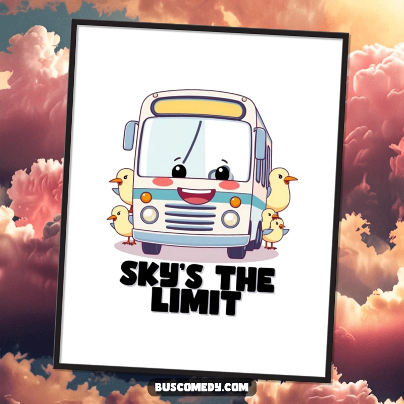 Funny digital art print: A cheerful bus with a wide grin is towed by a flock of friendly birds, creating humorous and whimsical wall decor.