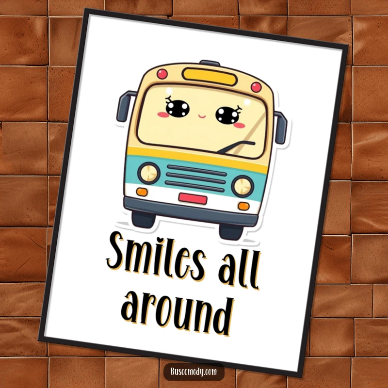 Funny digital art print of a cheerful bus with windows as smiling eyes and a wave, offering instant friendly automotive humor.