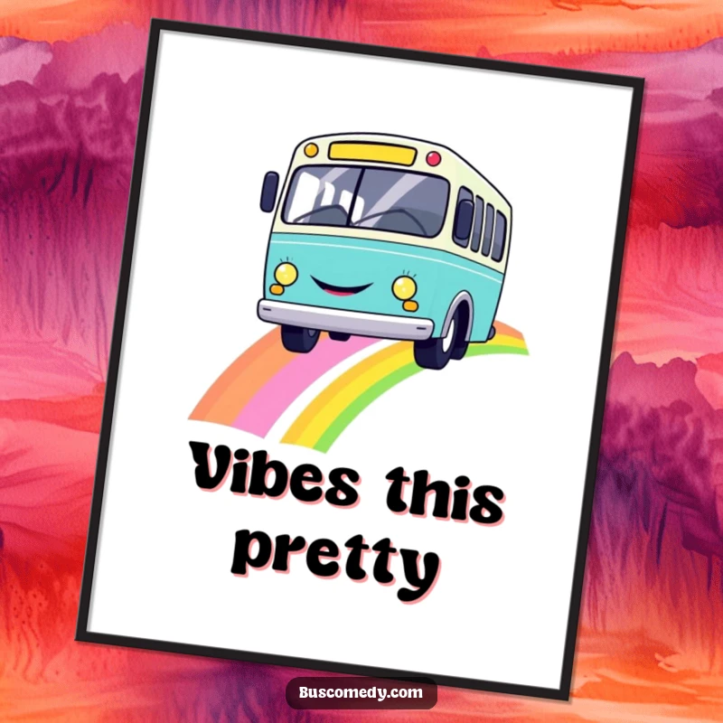 Funny digital art print of a happy smiley bus driving on a rainbow, instantly downloadable for cheerful decor.