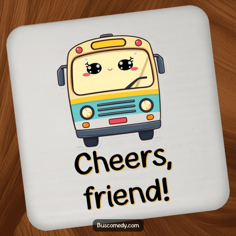 Funny drink coasters featuring a cheerful bus character, windows like smiling eyes, and a waving motion, perfect for humorous table protection.