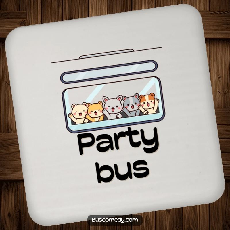 Funny coaster featuring smiling animal passengers waving from a bus window, perfect for protecting surfaces cheerfully.