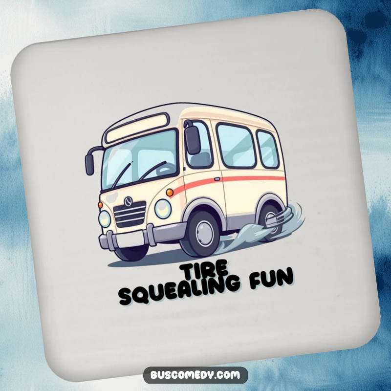 Funny cute bus character with wheels spinning rapidly as it performs a playful drift, featured on a protective drink coaster.