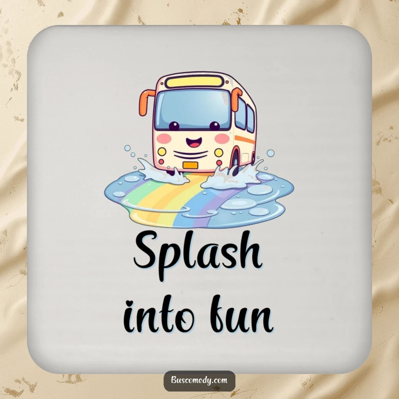 Funny kawaii bus coasters, character playfully splashing through a colorful rainbow puddle, cute and protective table accessories.