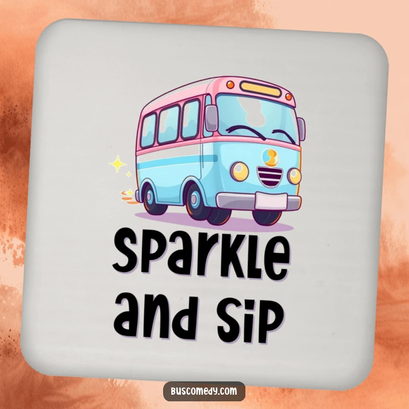 Funny Kawaii bus drink coasters, a bus with spinning wheels leaving a sparkle trail, protecting surfaces.