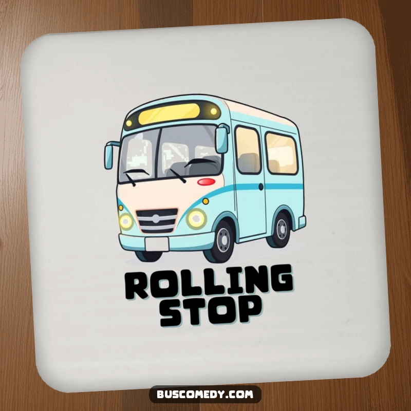Funny protective coaster featuring a cute bus character winking with bright headlights, ideal for preventing drink rings.