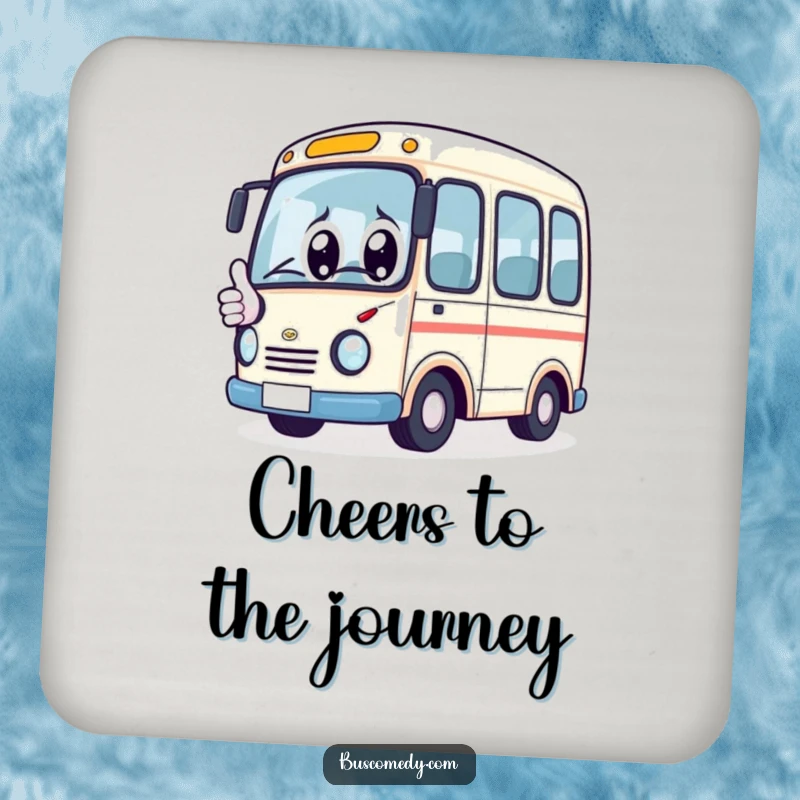 Funny Drink Coaster: Kawaii bus character with big eyes, giving a thumbs up, adding cheerful protection.
