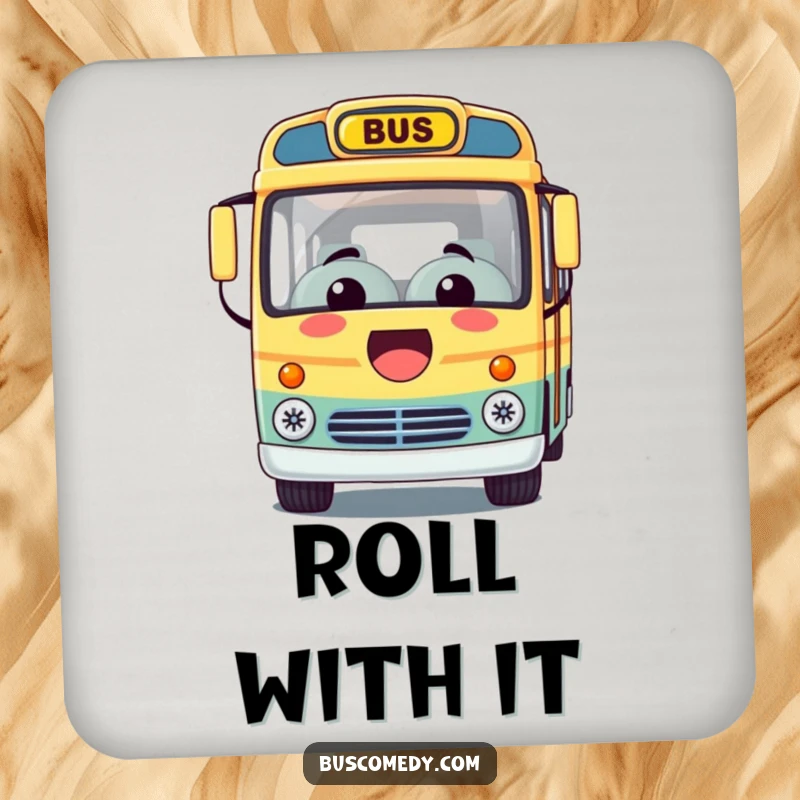 Funny drink coaster featuring a Kawaii bus character with a cheerful smile, adding a touch of fun to any table.