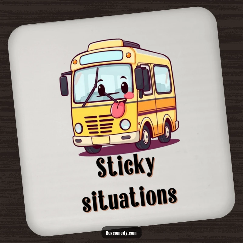Funny drink coaster featuring a bus character sticking its tongue out, a small dose of humor for your table.