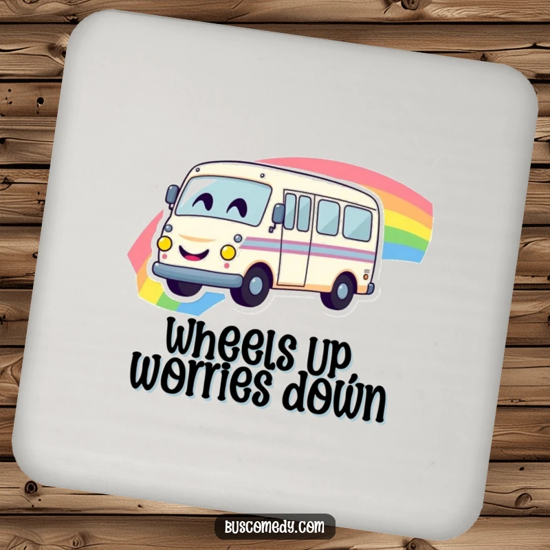 Funny drink coaster with a cheerful bus character, smiley face, and a rainbow, protecting surfaces with style.