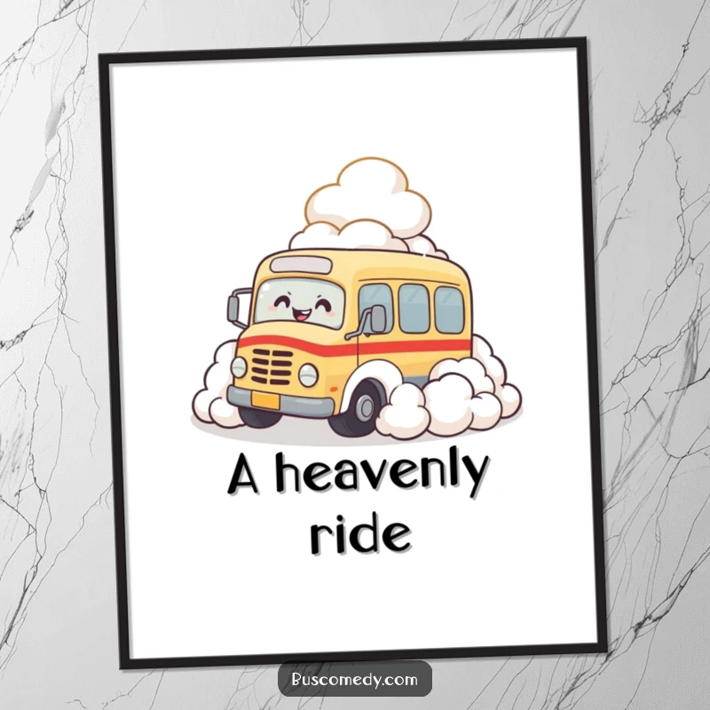 Funny poster illustrating a bus character joyfully diving into a heap of fluffy clouds, caught in a fit of giggles.