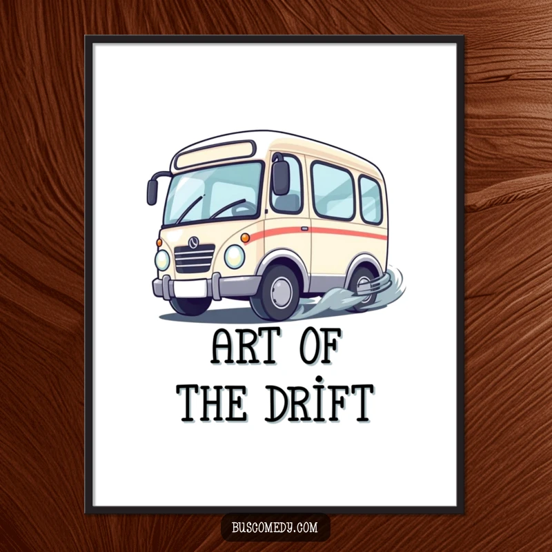 Funny cute bus character with wheels spinning rapidly as it performs a playful drift, presented as an exciting wall poster.