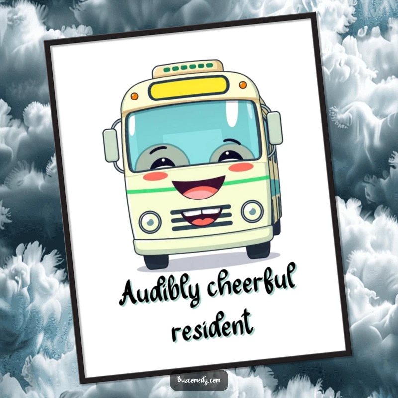 Funny poster featuring a bus with a large, happy grin, playfully honking its horn, full of cheerful energy.