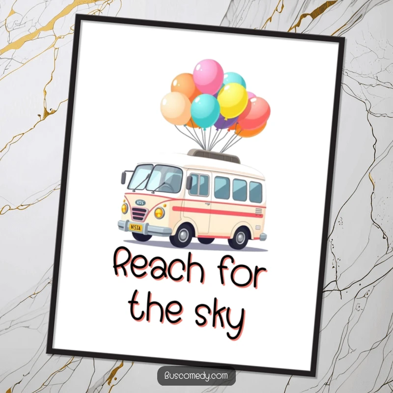 Funny Kawaii Bus Balloon Poster print of a cute bus character balancing colorful balloons on its roof, whimsical and joyful.