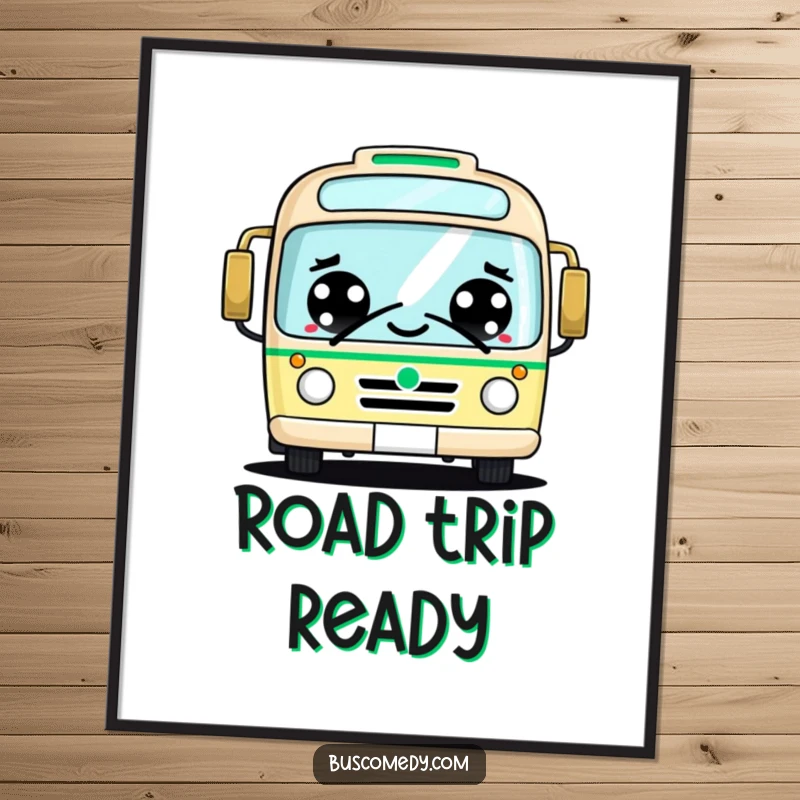 Funny kawaii bus poster, big cheerful eyes, friendly honking, cute wall art, spreading infectious joy.