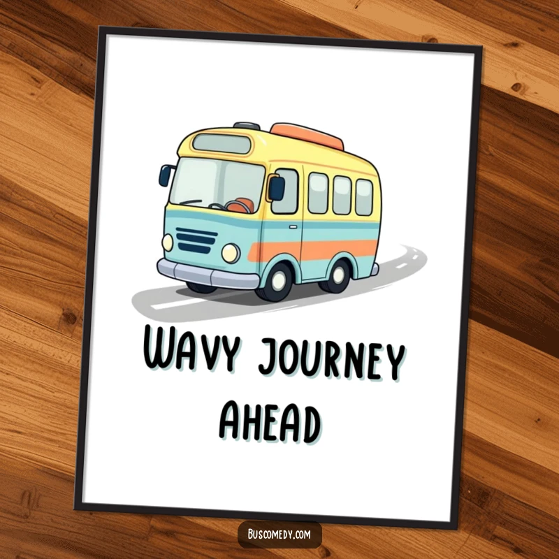 Funny poster of a little bus in a jaunty hat speeding down a wavy road, capturing the excitement of a playful journey.
