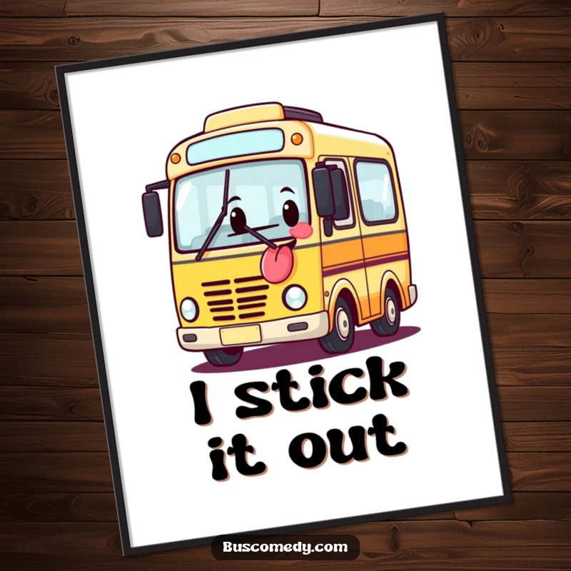 Funny poster of a bus character sticking its tongue out like a banner, a quirky and humorous piece of art.
