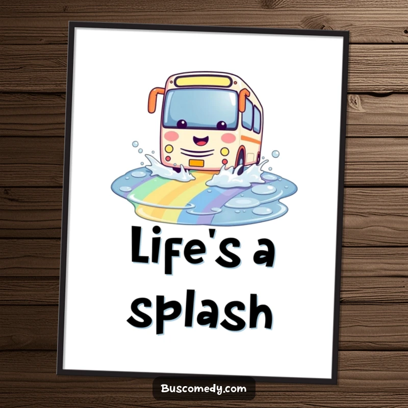 Funny kawaii bus poster, character playfully splashing through a vibrant rainbow puddle, colorful and enchanting wall art.