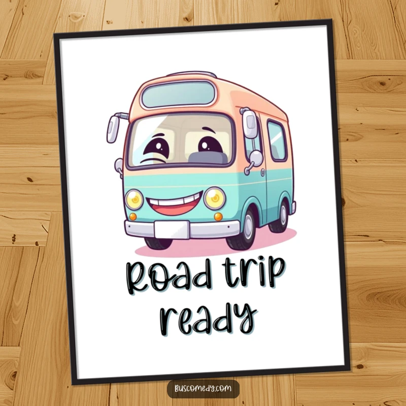 Funny poster showcasing a round bus with a huge grin and a winking headlight, adding cheerful automotive art to any wall.