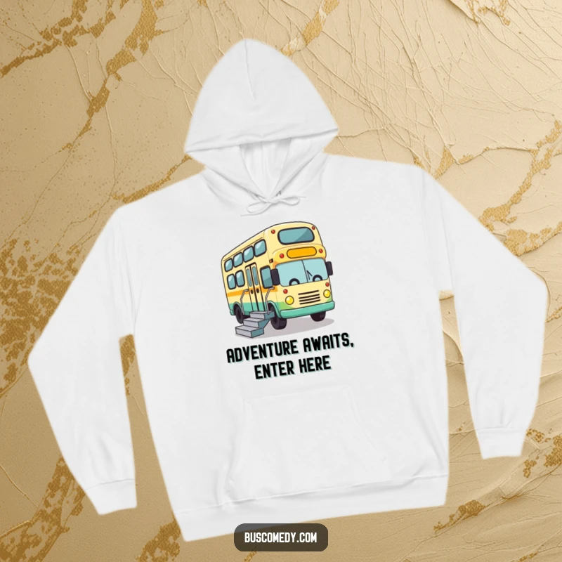 Funny hoodie featuring a cute bus character enthusiastically lowering its access stairs, embodying warmth and readiness.