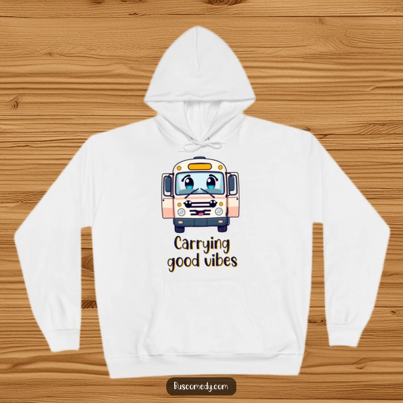 Funny cheerful bus character hoodie, with large curious eyes, open doors invitingly, cozy and warm graphic.