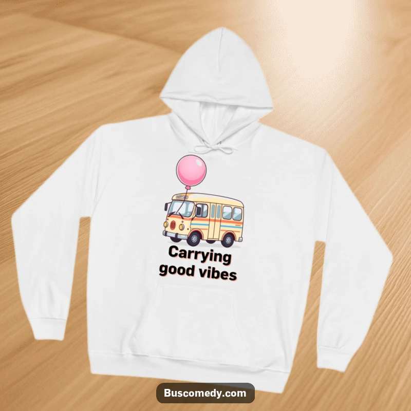 Funny Hoodie featuring a happy bus character with a big, bouncy balloon securely tied to its roof, a symbol of joy.