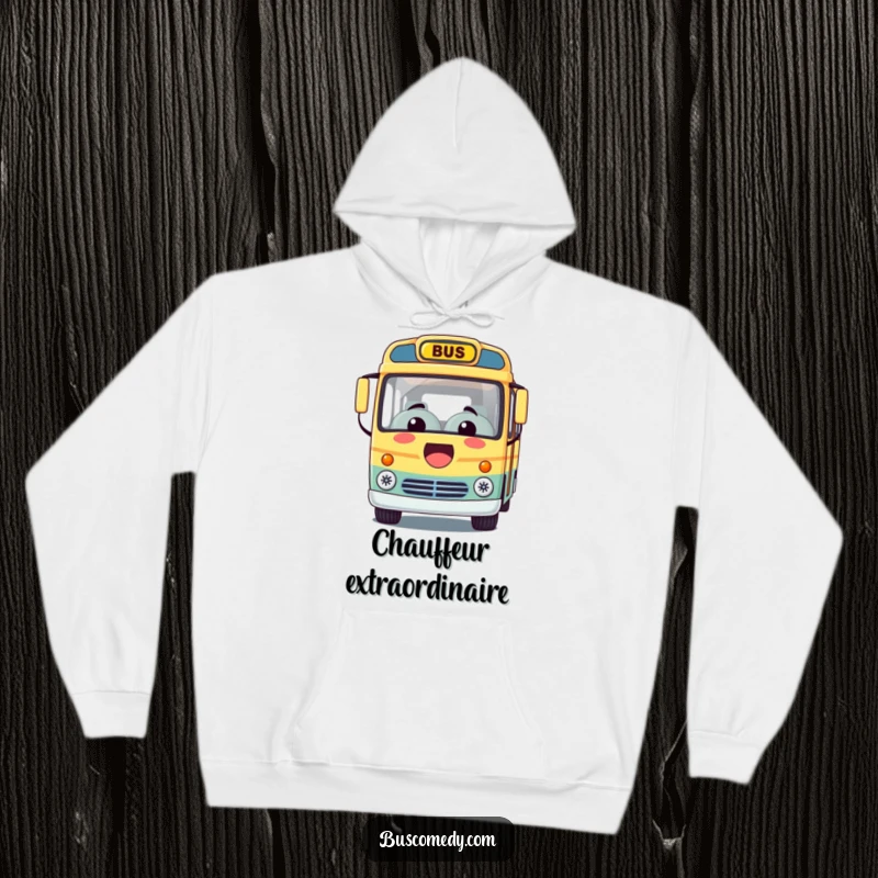 Funny hoodie featuring a Kawaii bus character with a wide, inviting smile, ready to take you on a cozy, happy journey.