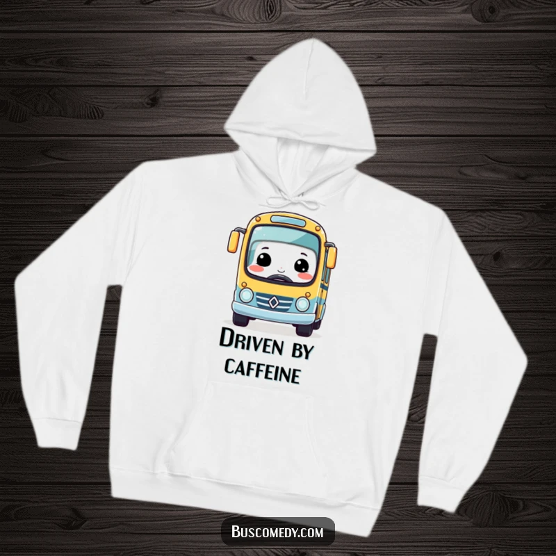 Funny Kawaii Bus Hoodie with a big smile, driving a tiny race car, symbolizing playful speed and comfort.