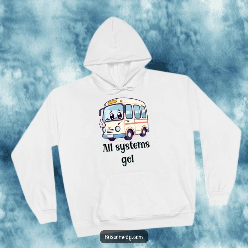 Funny Hoodie: Kawaii bus character with big, happy eyes, giving a thumbs up, offering cozy warmth and cheerful vibes.