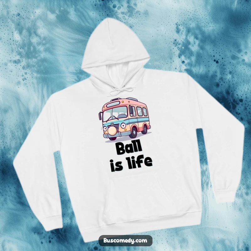 Funny Playful Bus Hoodie, a cozy sweatshirt featuring a bus playing with a bouncing ball. A warm funny gift.