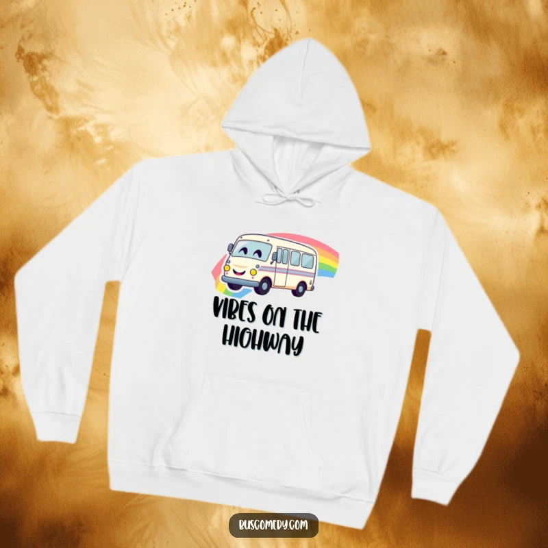 Funny hoodie showcasing a bright yellow bus with a smiley face, joyfully driving on a cheerful rainbow, perfect for cozying up.