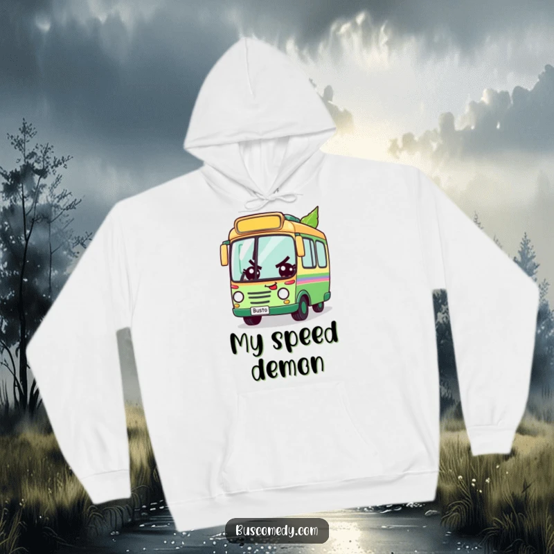 Funny hoodie showcasing a determined bus character racing a leaf, perfect for staying warm and inspired, a great funny gift.