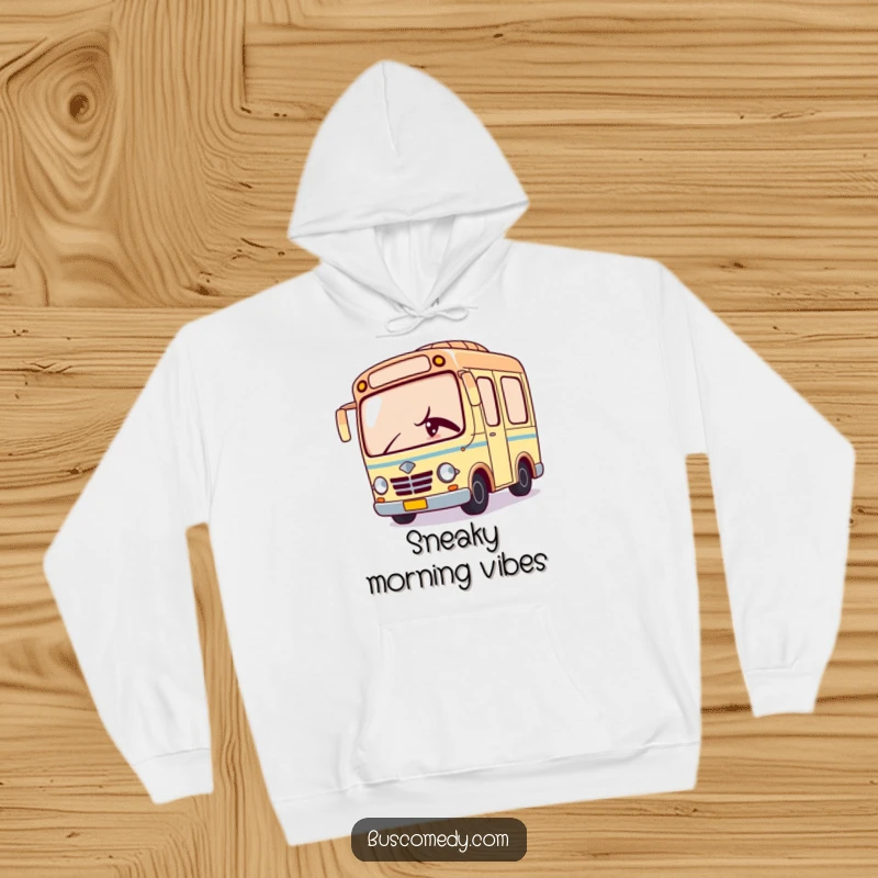 Funny hoodie featuring a Kawaii bus character peeking around a corner with a naughty wink, perfect for cozy mischief.