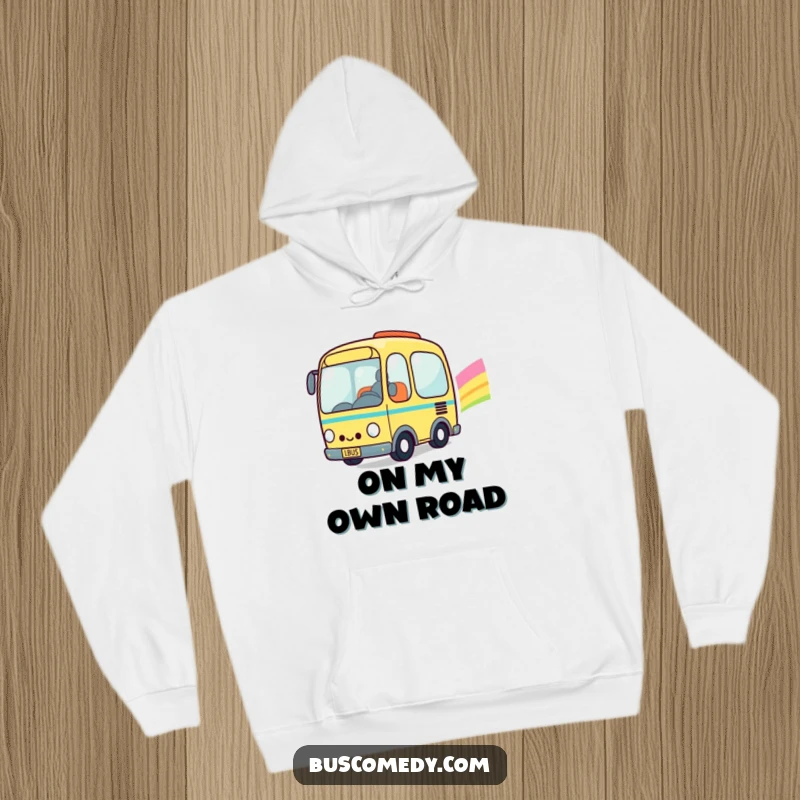 Funny Kawaii Bus Hoodie: Cute happy bus character cruising along a bright rainbow, offering warmth and cheerful style.
