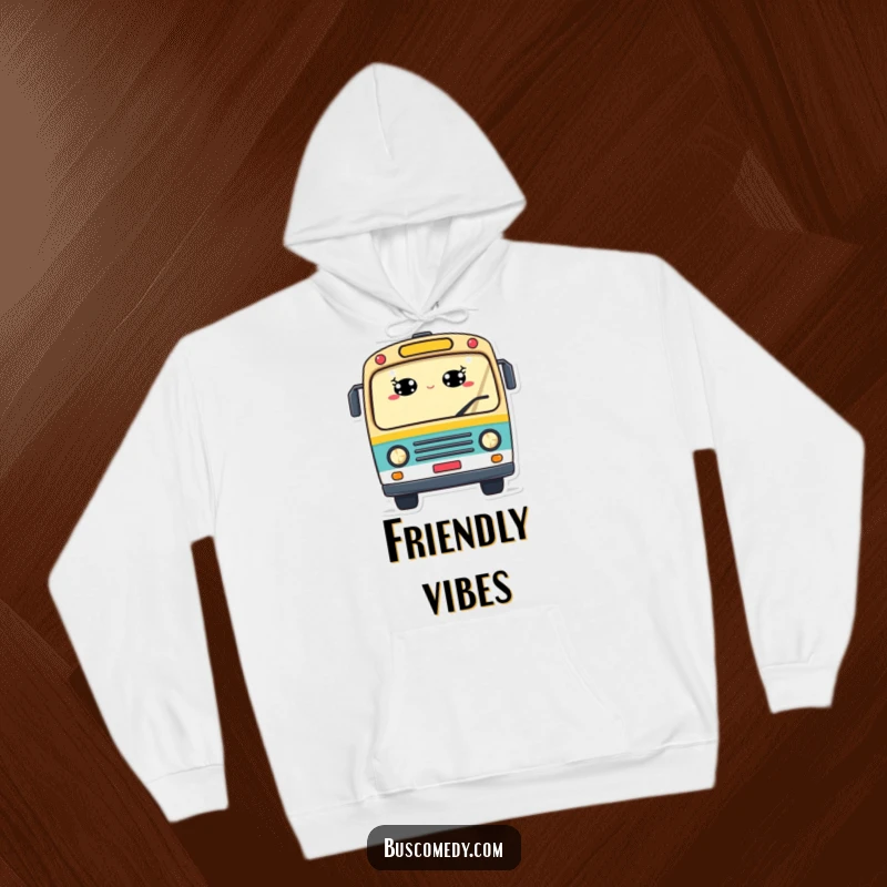 Funny hoodie with a cheerful bus, windows like smiling eyes, and a waving hand, exuding warmth and friendly automotive spirit.