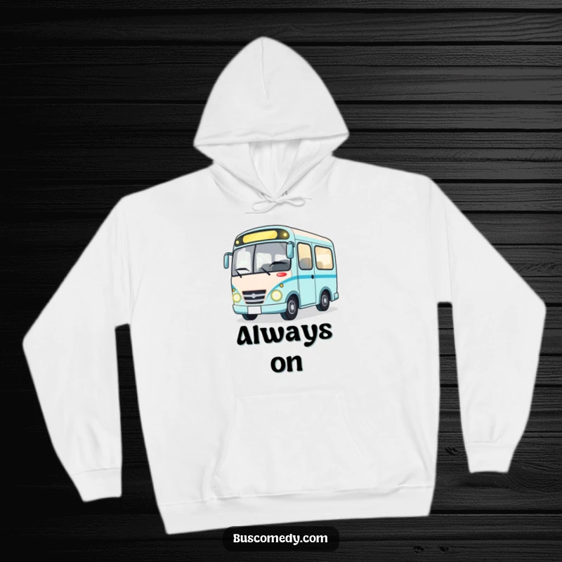 Funny cozy hoodie featuring a happy bus character winking with bright headlights, perfect for cheerful, comfortable wear.