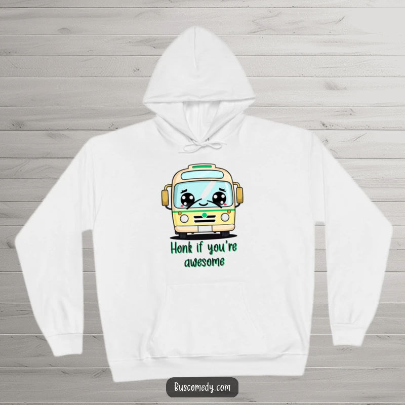 Funny kawaii bus hoodie, big cheerful eyes, friendly honking, cozy and cute apparel, joyful character.